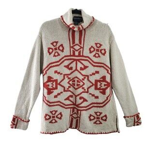 Katherine Johansson L 100% Cotton Peruvian Knit Turtleneck Sweater Beige Red